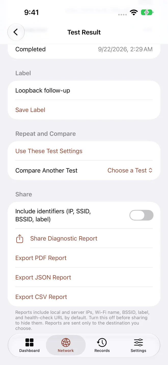 Syscope Pro 的報告設定與 PDF、JSON、CSV 匯出選項。